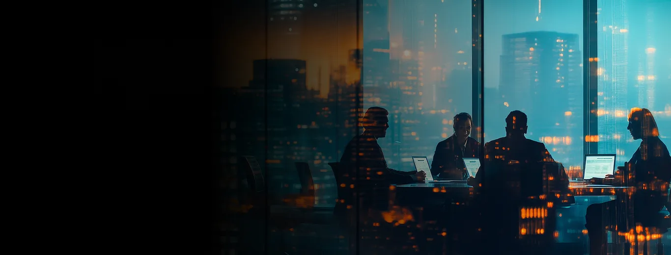 Group of professionals around a conference table in a glass-walled meeting room, city lights reflecting on the glass at night.
