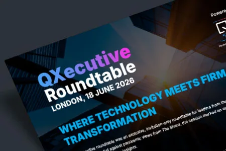 Promotional slide for QExecutive Roundtable — London, 18 June 2026; 'Where technology meets firm transformation'.