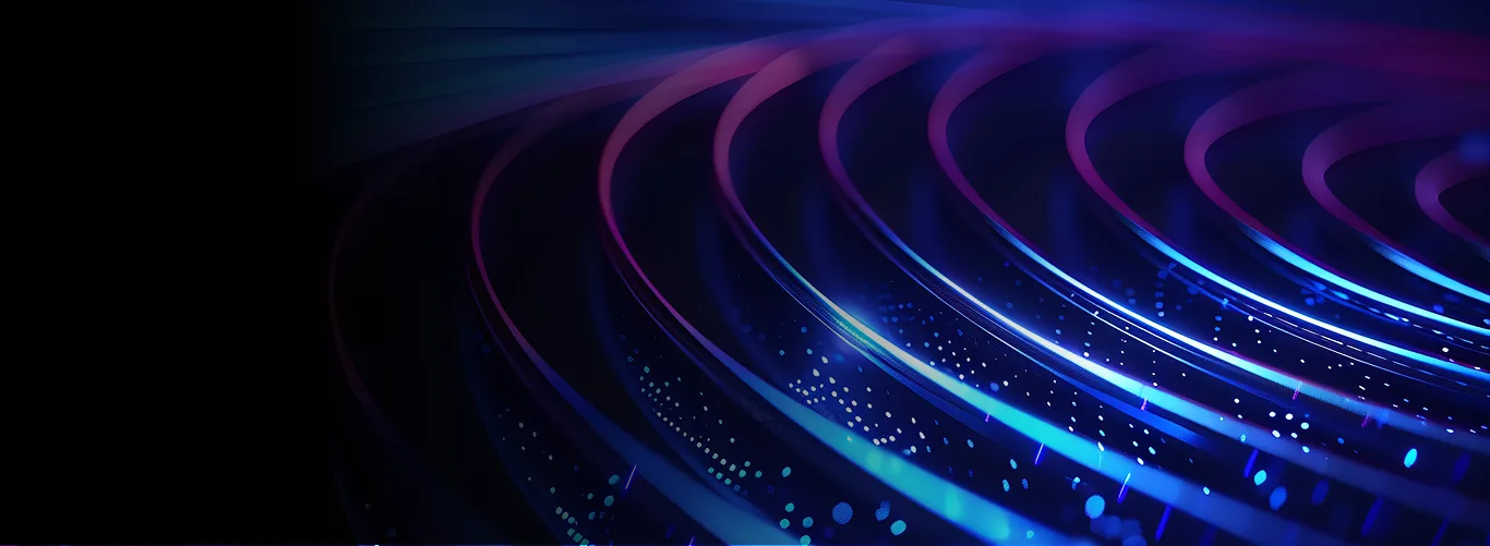 Abstract neon blue and purple curved light ribbons on a dark background, techy abstract art
