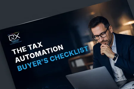 Professional man with glasses reviewing a laptop beside a presentation slide titled 'The Tax Automation Buyer’s Checklist'.