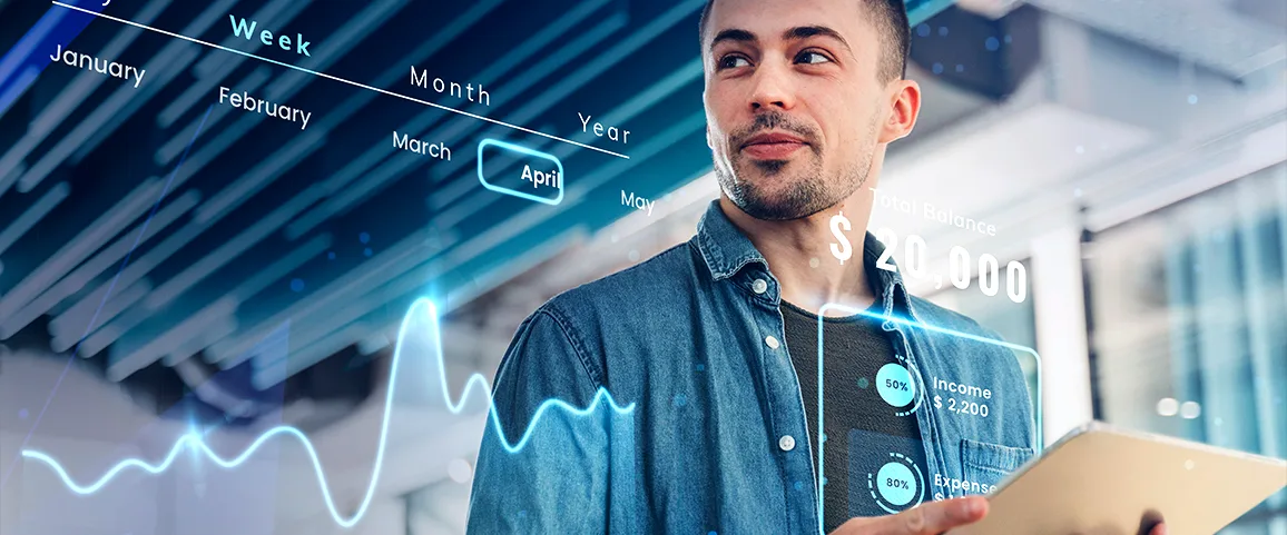 Man in a denim shirt reviews a futuristic financial dashboard with income/expense charts and a timeline overlay.