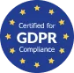 GDPR compliance badge with EU stars and the words 'Certified for GDPR Compliance' in a blue circle image