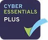 Cyber Essentials Plus certification badge with a blue checkmark on dark blue background.