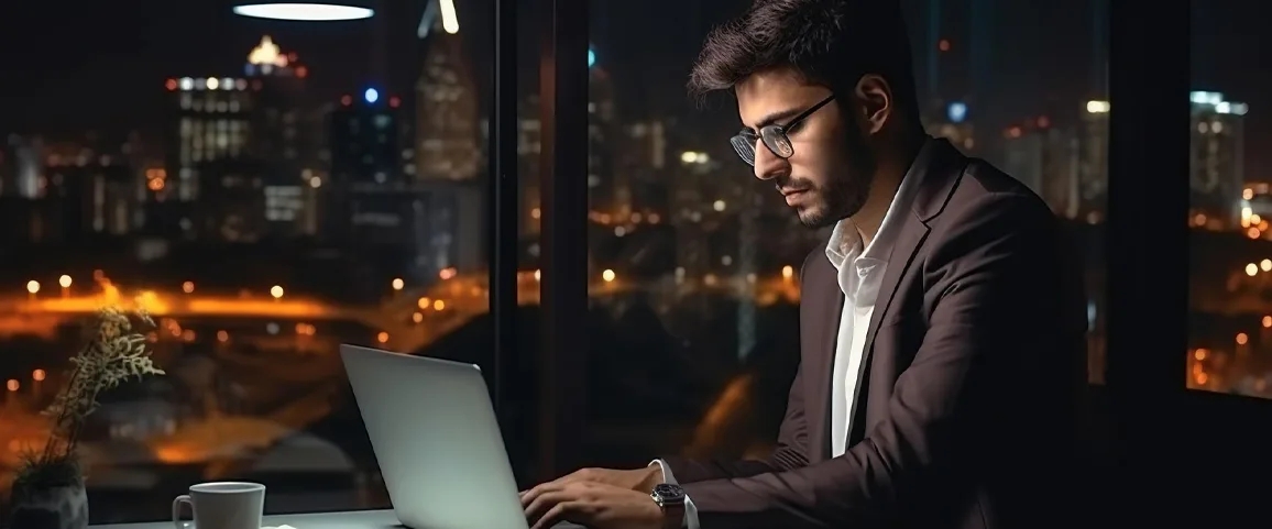 Man in a suit typing on a laptop at night in a high-rise office, city lights shining through the window.