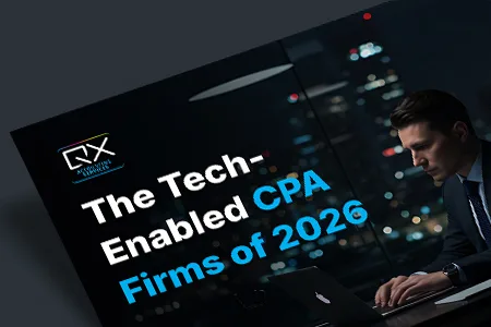 Cover image for an article: title reads 'The Tech-Enabled CPA Firms of 2026' with a businessman at a laptop against a city skyline.