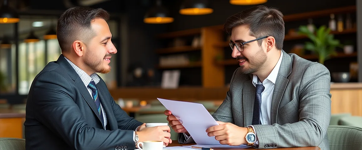 Two businessmen in suits sit at a table, smiling as they review a document together with coffee nearby, in a cafe-like office.