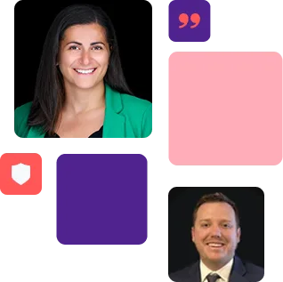 Collage of two smiling professionals—a woman in a green blazer on the left and a man in a suit on the bottom right—surrounded by purple, pink, and red blocks.