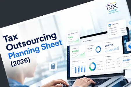 Person typing on a laptop showing a Tax Outsourcing Planning Sheet (2026) with multiple dashboard charts.