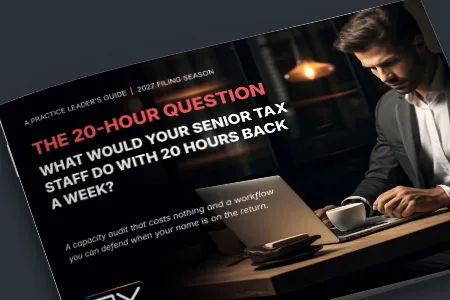 Cover image for a guide titled 'The 20-Hour Question' with a man at a laptop in a dim cafe, asking what senior tax staff would do with 20 hours back a week.