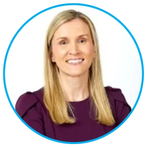 Profile photo: smiling blonde woman in a purple top, circular avatar with blue border.