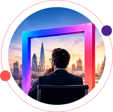 Person in a suit sits facing away, gazing at a city skyline through a glowing multicolor frame, suggesting innovation/vision.